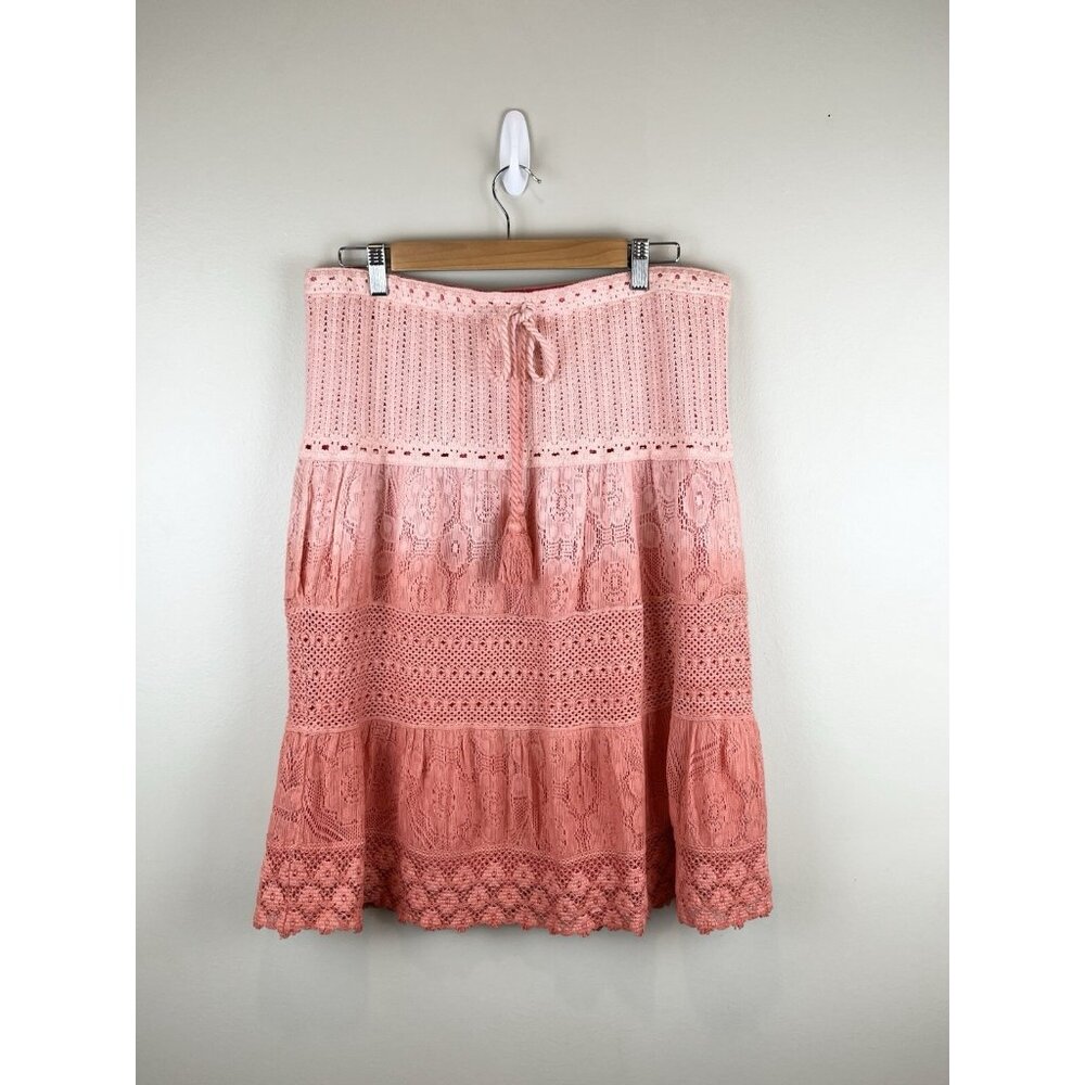 Ultra Pink‎ Womens Crochet Lace Skirt Size Large Tiered Tassels Pink Ombre Lined